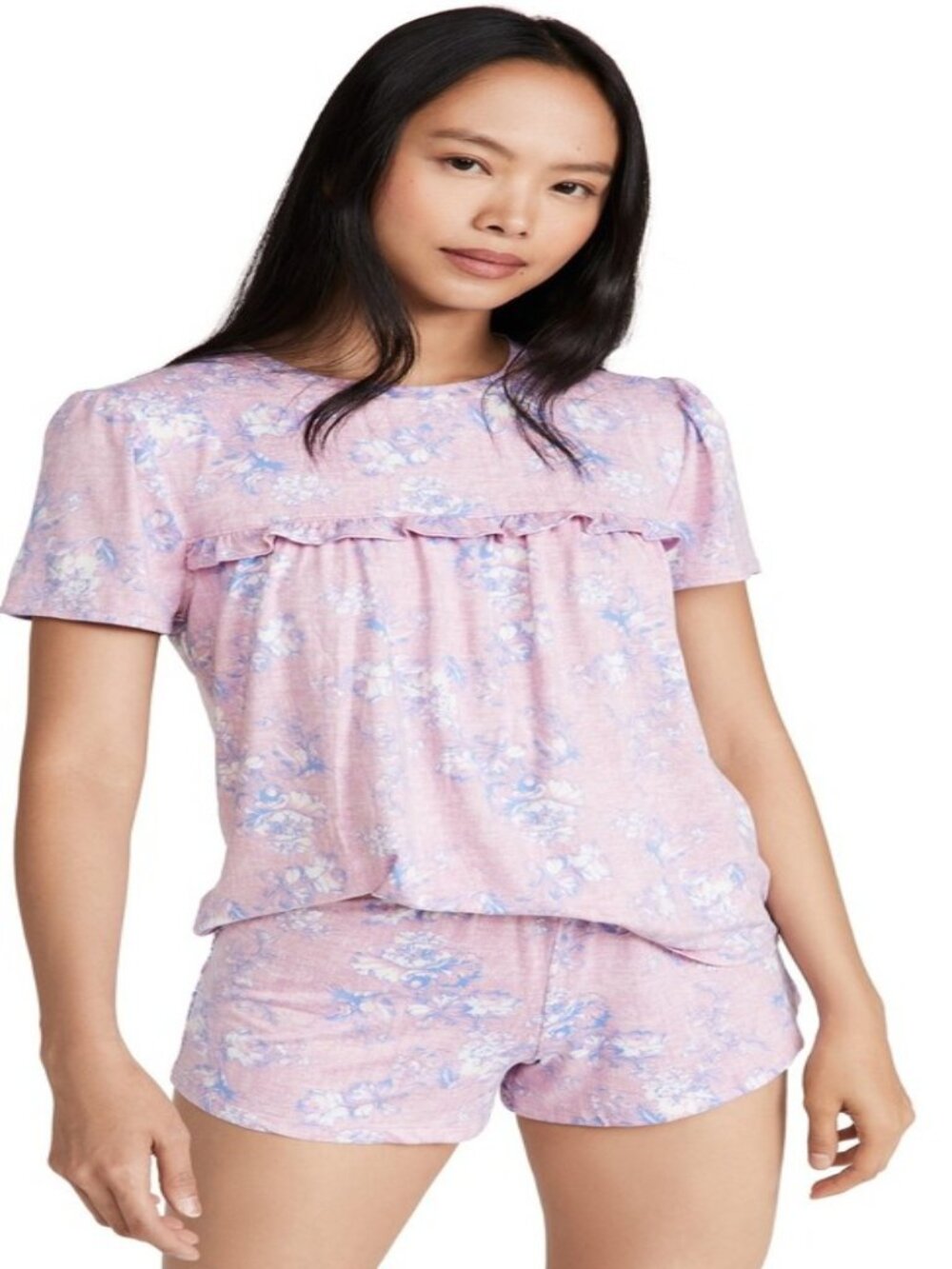 NWT You Say WM'S PINK RUFFLE DETAIL COZY SOFT SHORT SLV T-SHIRT SHORT SET XS